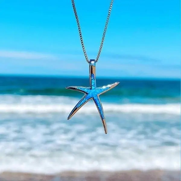 Silver Blue Opal Starfish Pendant Necklace