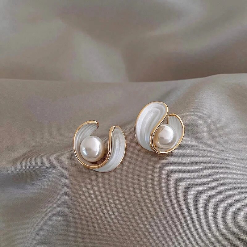 Gold Pearl and White Enamel Stud Earrings