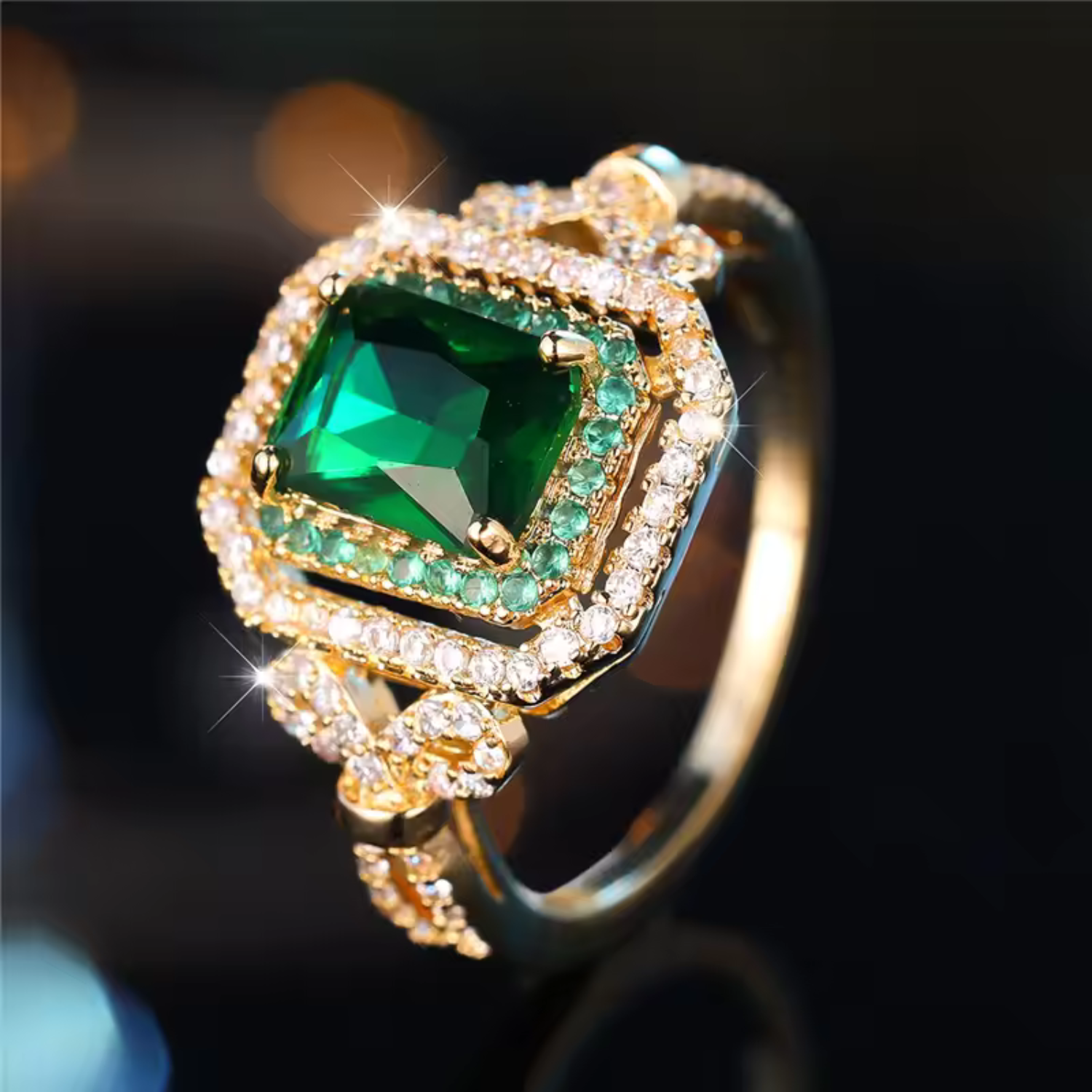 Elegant Golden Emerald Stone Ring