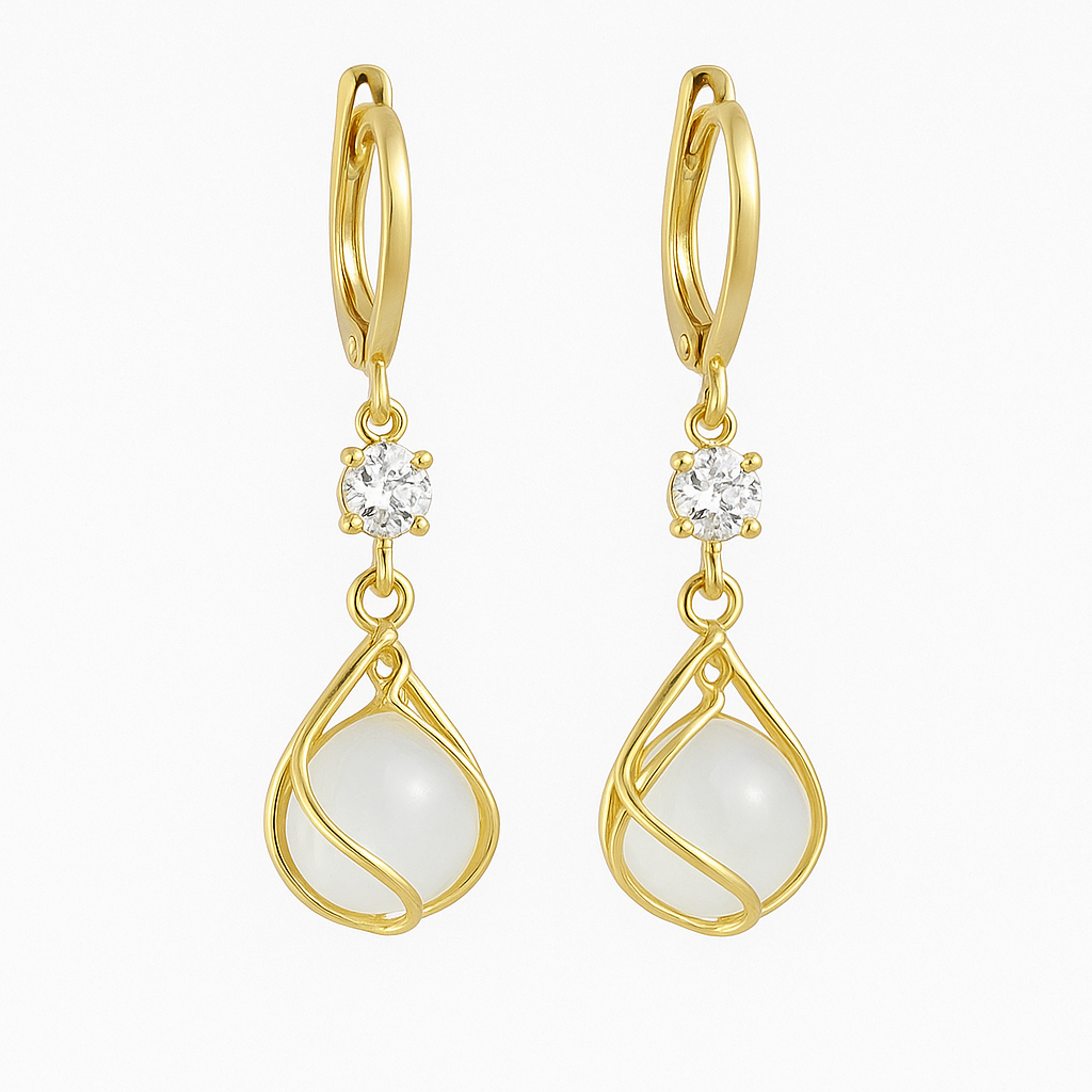 Gold Wire Wrapped White Opal Drop Earrings