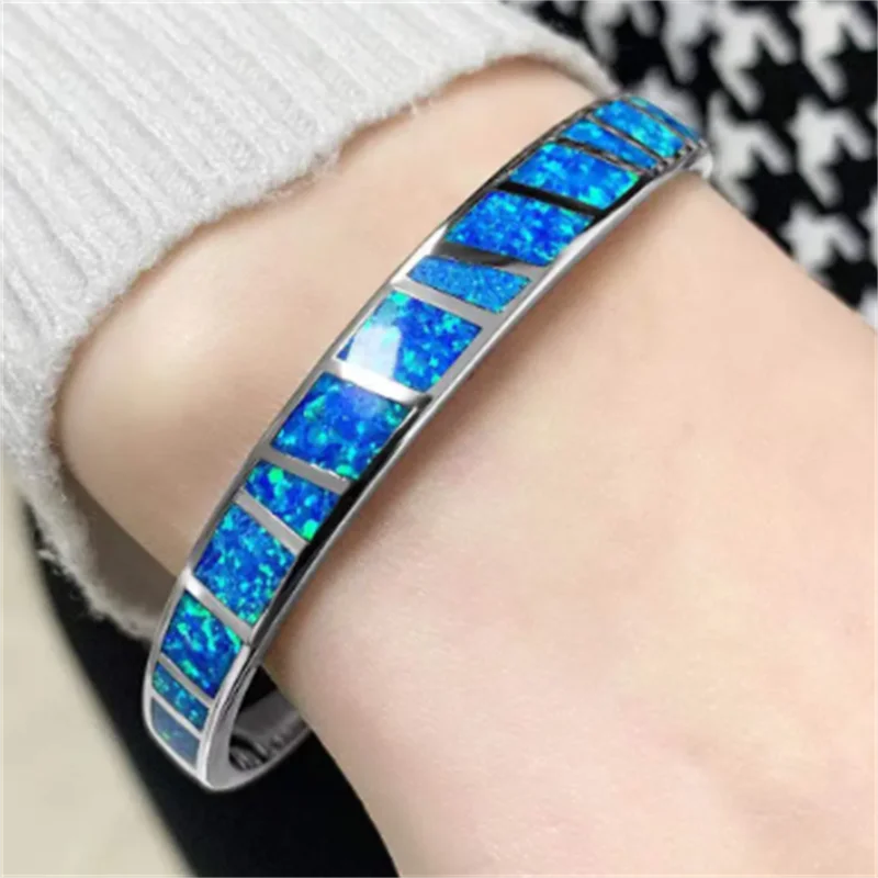 Elegant Silver Blue Fire Opal Adjustable Bangle
