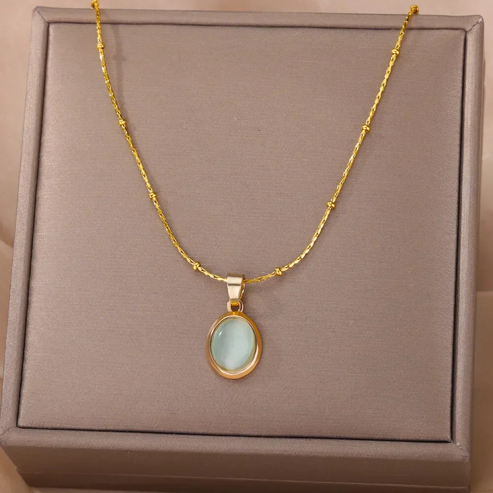 Chic Gold Stainless Steel Water Drop Opal Pendant Necklace
