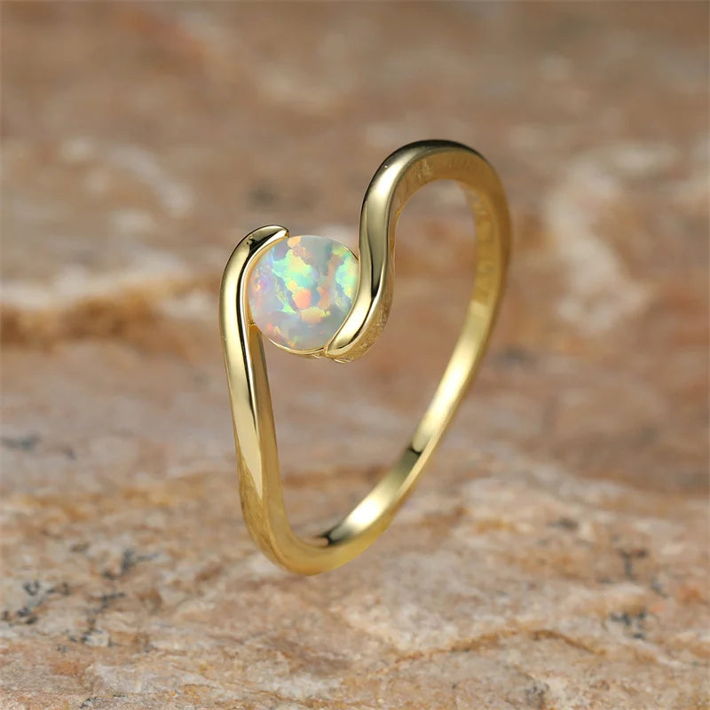 Timeless Round Rainbow White Fire Opal Ring