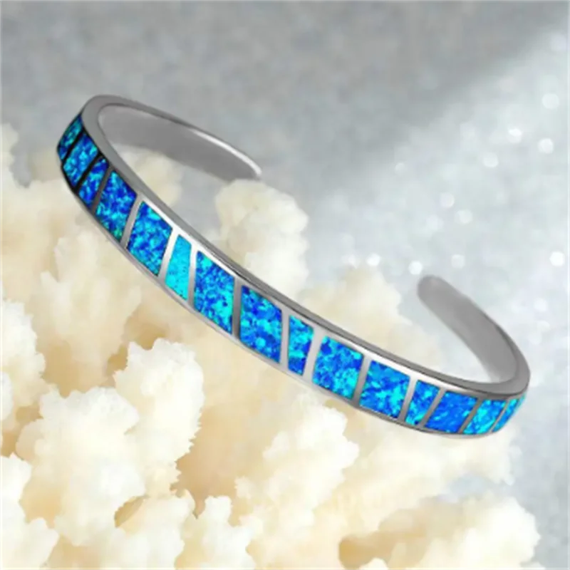 Elegant Silver Blue Fire Opal Adjustable Bangle