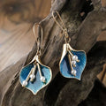 Gold Blue Lily Drop Earrings with Pearls